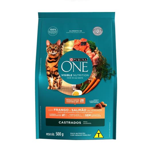 Ração PURINA ONE Gatos Adultos Castrados Frango e Salmão 500g - Imagem em destaque