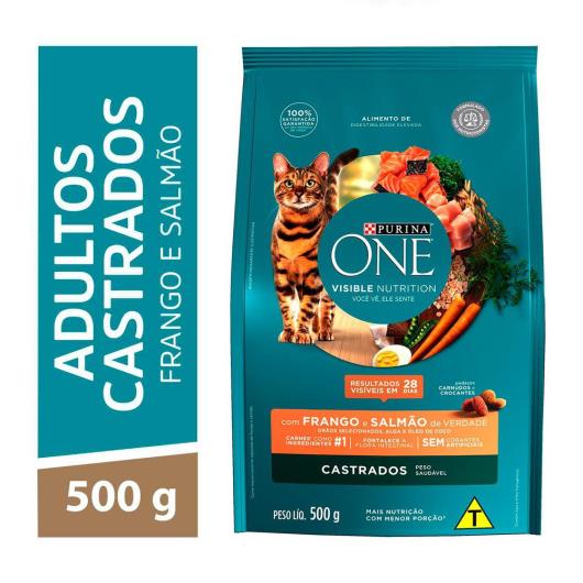 Ração PURINA ONE Gatos Adultos Castrados Frango e Salmão 500g - Imagem em destaque