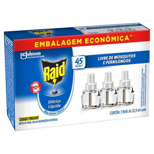 Repelente Líquido Elétrico 45 Noites Raid Caixa 3 Unidades 32,9ml Cada Embalagem Econômica Refil - Imagem em destaque