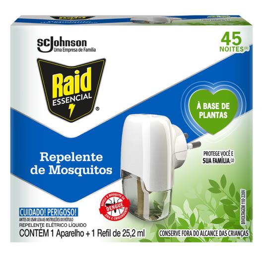 Kit Aparelho Elétrico + Refil Repelente Líquido 45 Noites à Base de Plantas Raid Essencial 25,2ml - Imagem em destaque