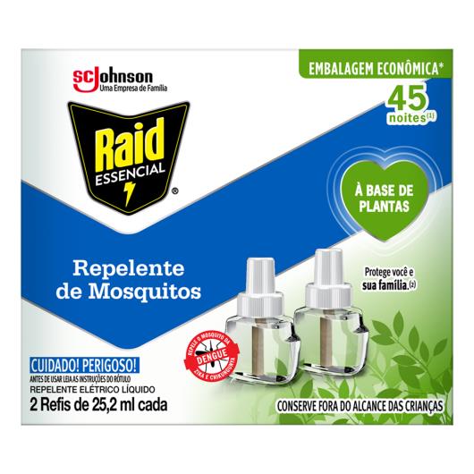 Repelente Elétrico Líquido 45 Noites à Base de Plantas Raid Essencial Caixa 2 Unidades 25,2ml Cada Refil Embalagem Econômica - Imagem em destaque