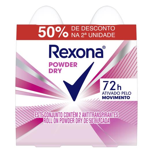 Pack Antitranspirante Roll-On Powder Dry Rexona 2 Unidades 50ml Cada Grátis 50% de Desconto na 2ª Unidade - Imagem em destaque