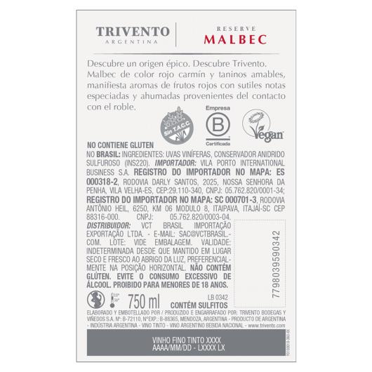 Vinho Argentino Tinto Seco Reserve Trivento Malbec Mendoza Garrafa 750ml - Imagem em destaque